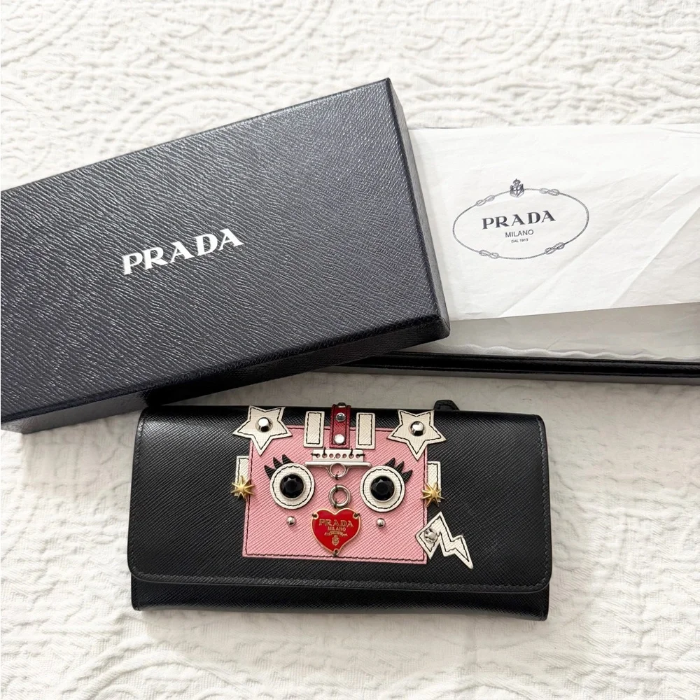 Prada Robot Black and Pink Embellished Saffiano Leather Wallet AUTHENTIC (Rare) - Picture 1 of 11